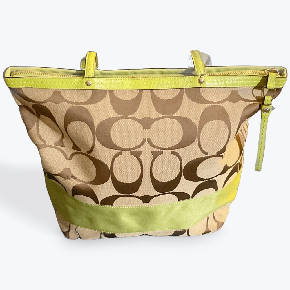 Coach Signature Stripe Shoulder Bag Green/Tan Canvas Leather Trim Women's Purse